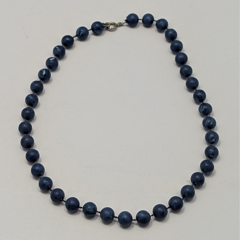 Dark Blue Beaded Necklace Statement String Navy Beads Silver Tone Clasp Costume